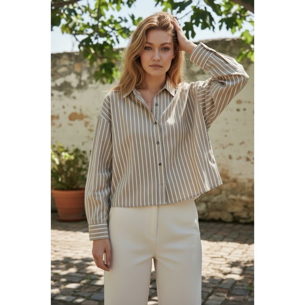 Everlane Brown White Stripe Cropped Button Down Shirt Cotton Boxy PJ Top S Women